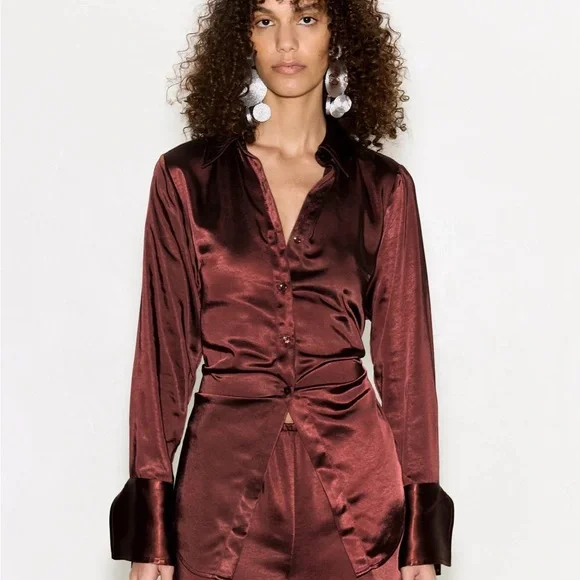 SIMON MILLER Loch Satin Button Up in Choco Brown - Picture 2 of 4